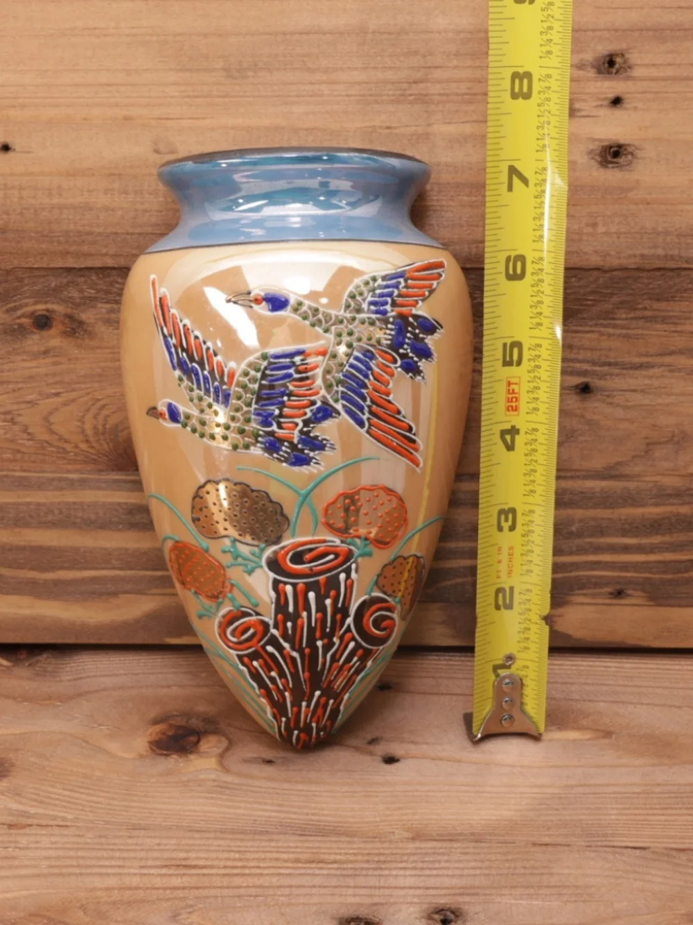 Vintage Hand Painted Blue Wall Pocket Vase Lusterware with Moriage Bird Motif
